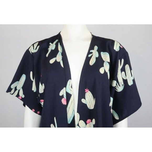 FILLY FLAIR - WOMEN'S BLUE CACTUS PRINT SILKY TEXTURED DUSTER TOP  - SIZE S - Picture 5 of 8